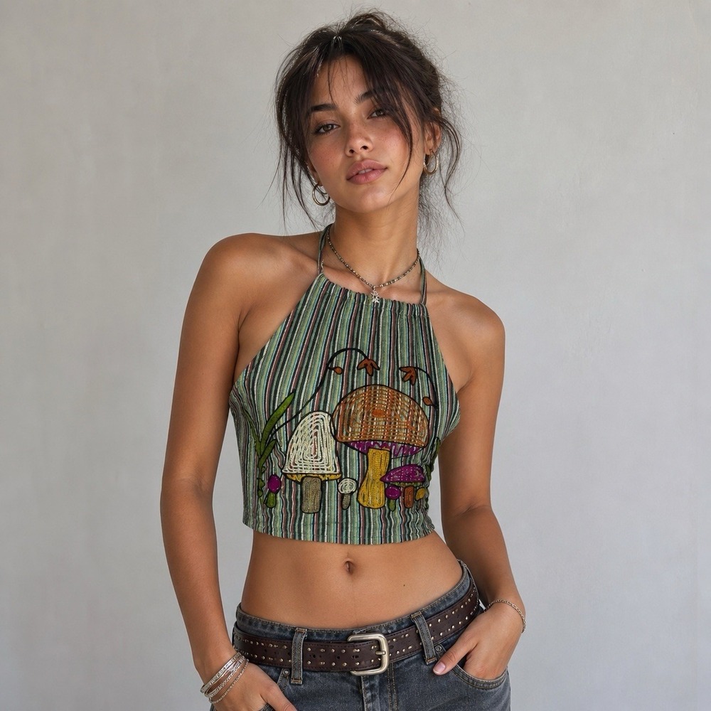 Y2K Lakhays Mushroom Halter Top Womens S Embroidered Hippie Boho Fairycore